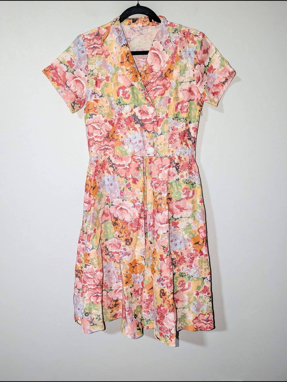 S Vintage Silk Floral Short-Sleeve A-Line Dress in Pastel Multi
